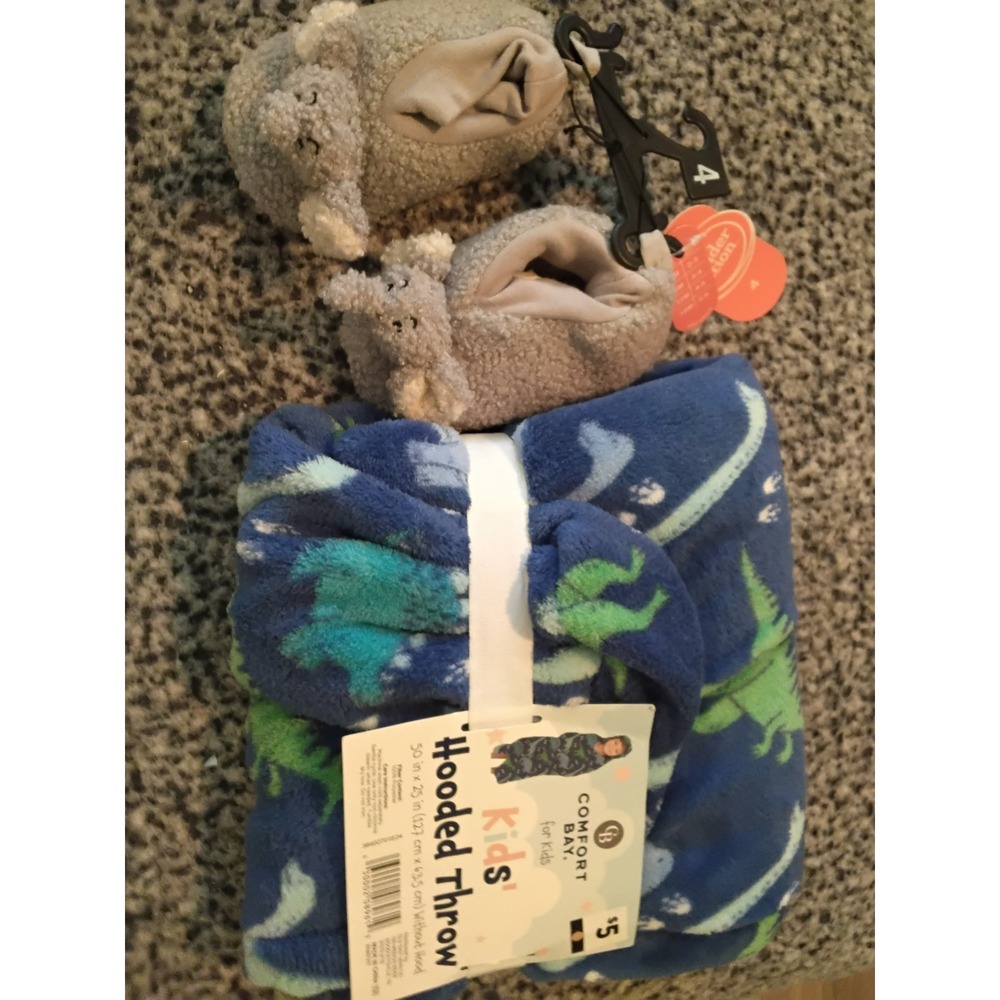 Comfort Bay Dinosaur Hooded Throw Blanket and Wonder Nation Elephant Slippers